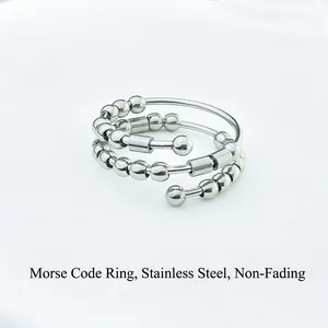 Silver stainless steel Morse code fidget ring with beads for anxiety relief and decompression