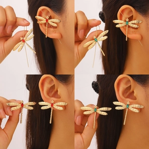 Magnifiques boucles d'oreilles libellule dorées avec ailes en cristal rouge et vert