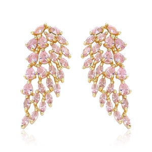 Elegant pink zircon feather earrings in gold plating with symmetrical mirror reflection