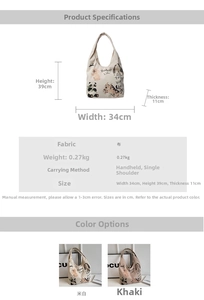 Detail of canvas tote bag with hand-drawn animal illustrations and size measurements