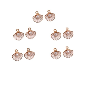 Detail of 10 white shell pendants with gold alloy edges and imitation pearl centers