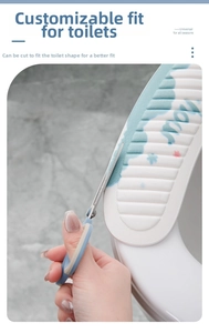 Detail showing the waterproof EVA toilet mat being cut with scissors for a custom fit