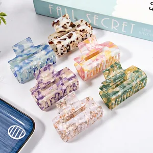 Set of 6 marble textured PVC square hair claws in assorted candy colors for women