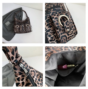 Detailed views of leopard print tote bag showing metal buckles, zippers and interior