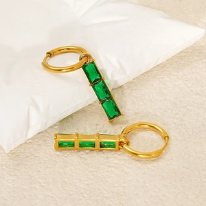 Stainless Steel Hoop Earrings With 18K Gold Plating And Green Rectangular Gemstones Vintage Chinese Bamboo Style For Women