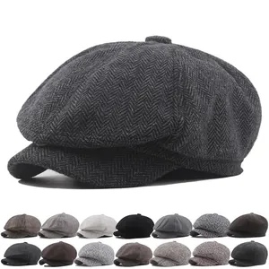 Retro Peaky Blinders newsboy cap in grey herringbone wool with 14 color options