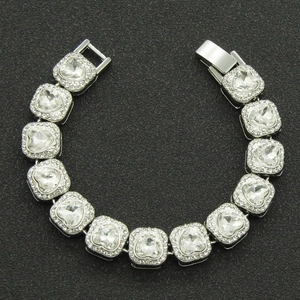 Hip hop silver square link bracelet with clear crystals and folding clasp on black background