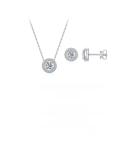 Detailed view of silver jewelry set with halo design round moissanite pendant and earrings