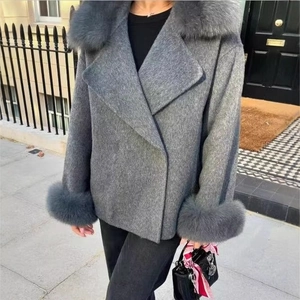 Womens Woolen Coat Elegant British Style Faux Fur Collar Cuffs Grey Loose Autumn Winter Jacket For Daily Office Commute
