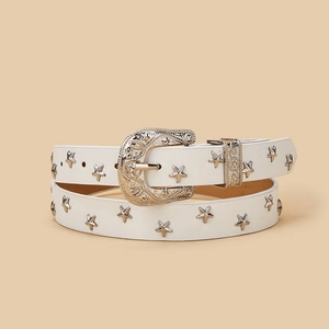 White western vintage leather belt with silver star rivets and engraved buckle
