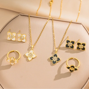 Elegant Lucky Four Leaf Clover Necklace Earrings And Open Ring Copper 18K Gold Plated Enamel Zircon Jewelry For Women