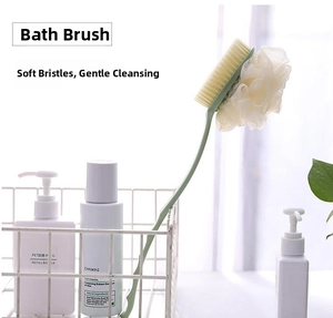 Detail of double-sided bath brush with long handle featuring soft bristles and mesh sponge