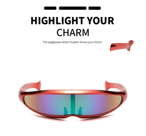Detail view of red cyberpunk Y2K sports sunglasses with wrap-around polarized lenses