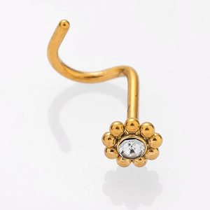 Elegant gold flower nose stud with white zircon crystal and curved stainless steel bar