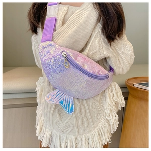 Close-up of girls purple sequin mermaid waist bag with holographic tail and adjustable strap