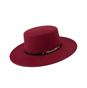 Elegant burgundy wide brim felt fedora hat with flat top and gold buckle leather band