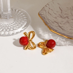 Boucles d'oreilles nœud doré avec perles rouges de style vintage pour femmes