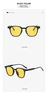 Detail view of black square frame sunglasses with yellow lenses and metal stud accents