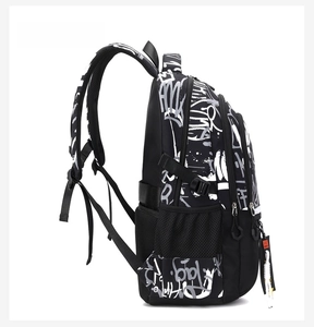 Side view of high capacity black graffiti backpack with mesh water bottle pocket