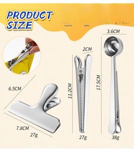 Macro view of stainless steel sealing clips and measuring spoon showing exact dimensions