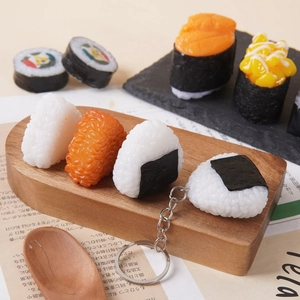 Realistic sushi and rice ball keychain models with textured resin and silver rings