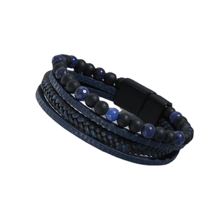 Handmade men's multi-layer bracelet with black obsidian beads and woven leather