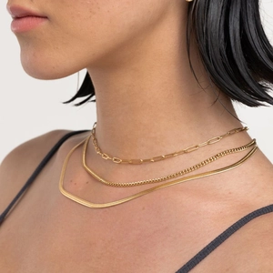 Three-layer gold titanium steel necklace featuring paperclip, link and flat snake chains