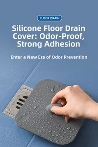 Macro detail of gray silicone floor drain cover with water drops on blue tiles
