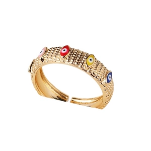Adjustable gold evil eye ring featuring vibrant colorful enamel details on a white background