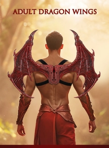 Detailed view of red dragon wings with realistic scale texture and black elastic straps