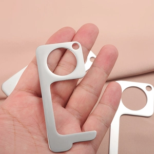 Silver metal contactless EDC door opener and elevator tool with portable keychain design