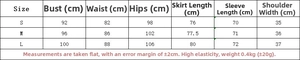 Detailed size chart for black knit dress including bust, waist, and length measurements