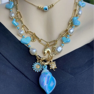 Collana Multistrato Rame Placcato Oro 18K Occhio Greco Delfino Conchiglia Tartaruga Pendente Stile Bohémien Spiaggia
