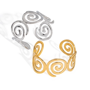 Minimalist stainless steel open bangle with hollow spiral scroll design in gold and silver