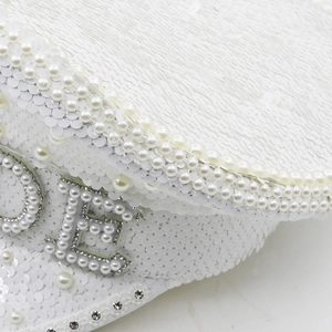White bridal captain hat with sequins, pearls and rhinestone encrusted letters