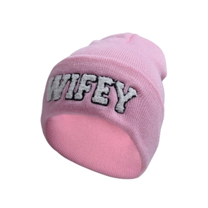 Pink knit beanie for women with white embroidered WIFEY text in textured boucle letters