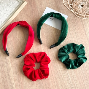 Christmas velvet headband and scrunchie set in festive red and emerald green colors