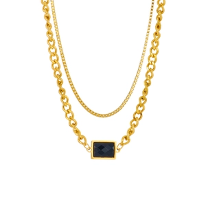 Retro gold layered chain necklace with a rectangular black gemstone pendant