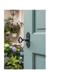 Détail d'une poignée de porte en fonte rétro avec clé en cœur sur une porte en bois