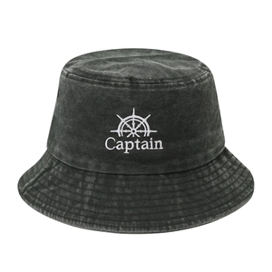 Washed dark grey bucket hat with embroidered white ship wheel and Captain lettering