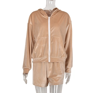 Women's khaki velvet two-piece set featuring long sleeve hoodie and matching shorts