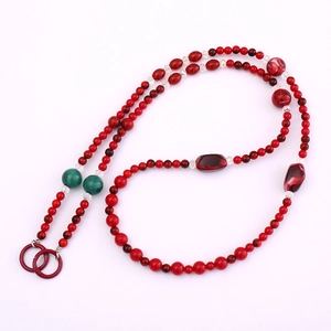 Red acrylic beaded crossbody bag chain with green accents and agate texture beads
