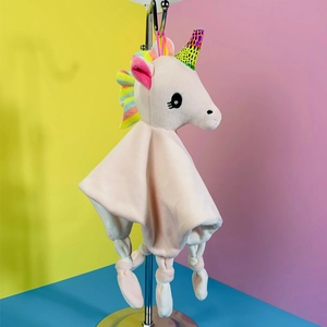 Soft pink plush unicorn baby security blanket with colorful horn and knotted corners