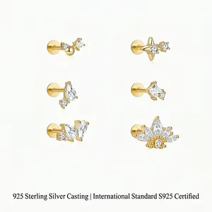 925 Sterling Silver Star Zirconia Cartilage Stud Earrings Threaded Piercing Jewelry For Women Geometric Hypoallergenic