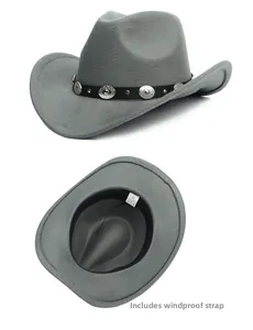 Detail view of dark grey western cowboy hat with studded belt and size 57 label inside