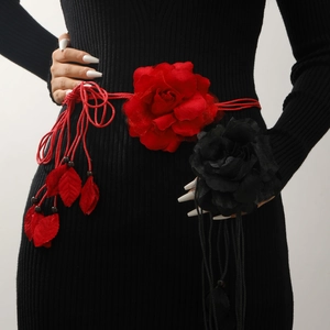 Women Fabric Flower Waist Chain Belt Ethnic Bohemian Rose Decorative Tassel Thin Waist Belt For Dresses Red Black