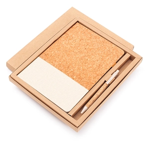 Eco-friendly A5 notebook and cork pen set showcased in a kraft gift box with window