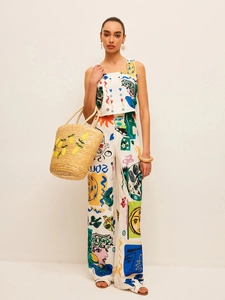 Women's two-piece print set featuring a cropped sleeveless top and high-waist wide-leg pants