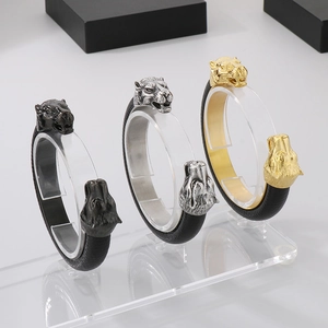 Punk style wolf head stainless steel leather open bracelets in gold, silver, and black
