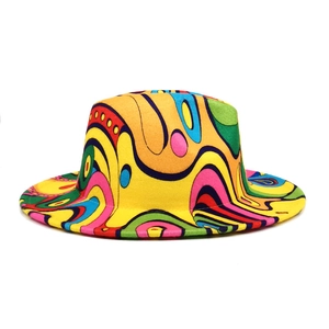 Wide brim fedora hat featuring colorful digital print with psychedelic wavy patterns